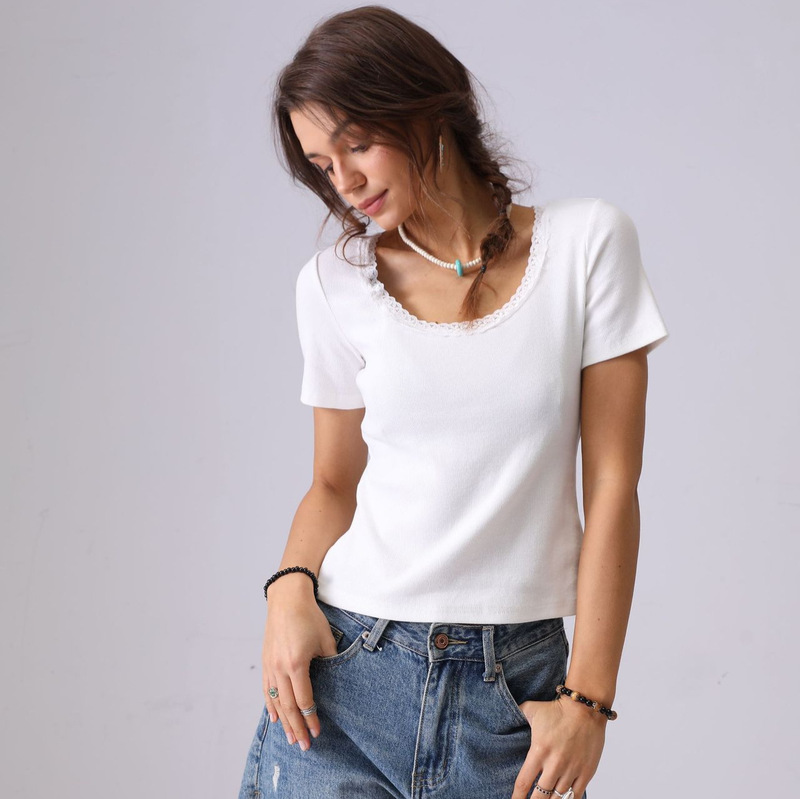 Summer Women's Knitted Short-Sleeved Slim-Fit Top European and American Style Simple Lace Collar Elegant Breathable Stretch T-Shirt Summer Women's Knitted Short-Sleeved Slim-Fit Top European and American Style Simple Lace Collar Elegant Breathable Stretch T-Shirt