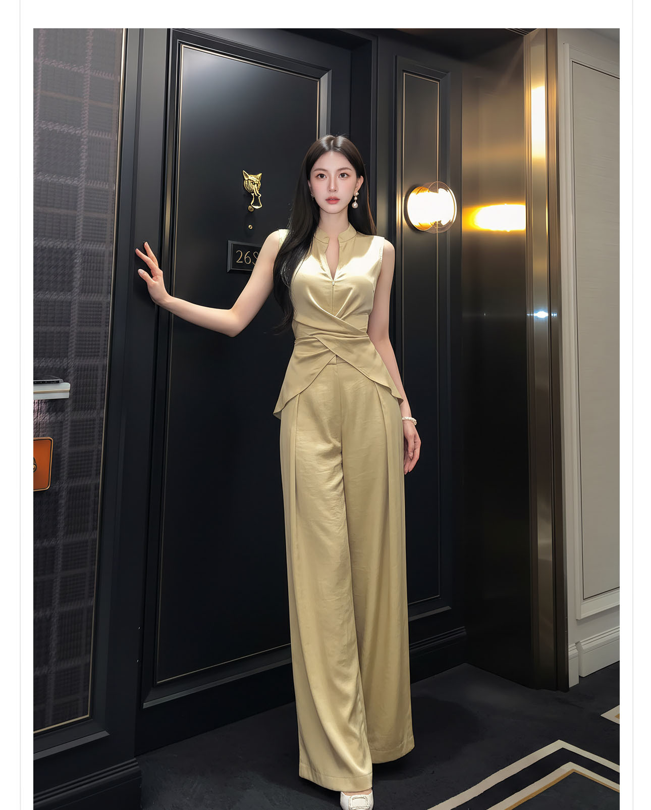 Bộ áo không tay phối quần ống cao cạp cao nữ hai mảnh — Áo màu kaki, Bộ đồ màu kaki, Quần kaki chi tiết 6