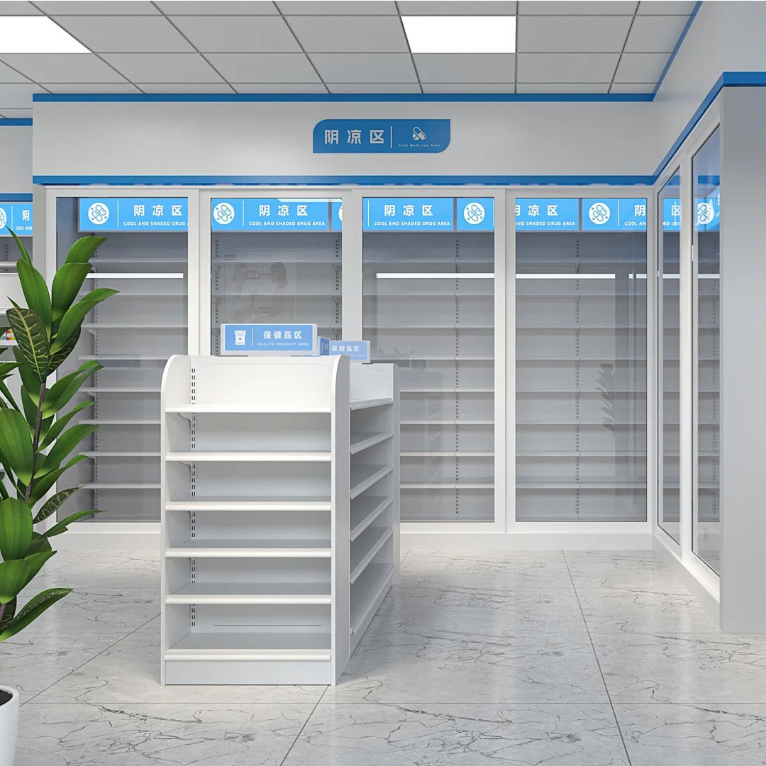 Estantes de supermercado, tienda de conveniencia, papelería, farmacia, estanterías de almacenamiento, productos, cosméticos, almacenamiento comercial, acero y madera