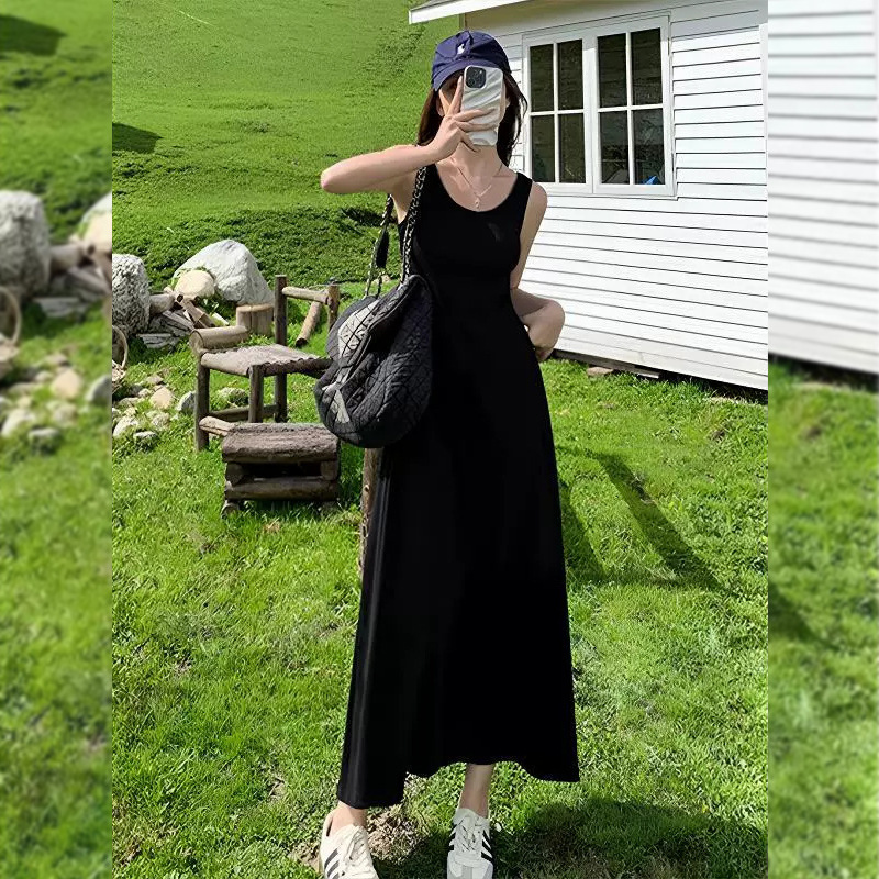 Black Slim-Fit Sleeveless Long Dress with Chest Pads for Women, Summer Hot Item 2026 New Style, Slimming Little Black Dress Black Slim-Fit Sleeveless Long Dress with Chest Pads for Women, Summer Hot Item 2026 New Style, Slimming Little Black Dress
