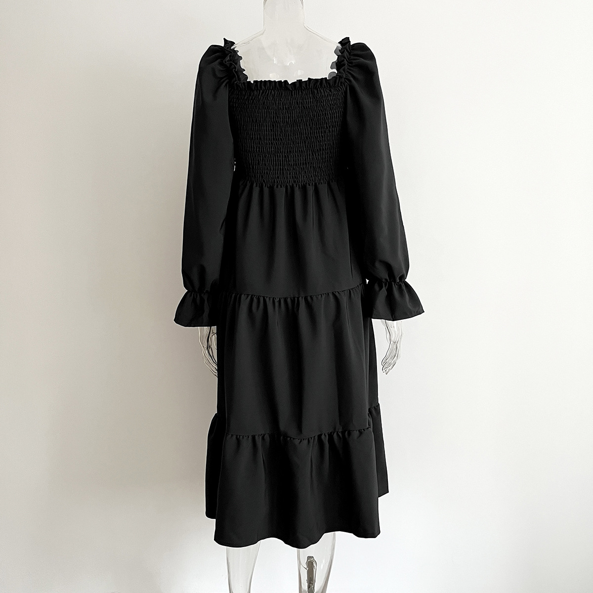 Smocking Dress Ruffled Square Collar Flared Sleeve Layered Large Swing Dress Women Women Clothing