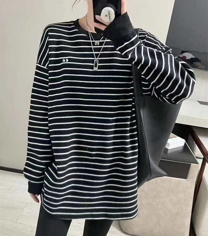 条纹加绒打底衫女秋冬德绒上衣新款宽松中长款卫衣内搭磨毛恤潮|undefined