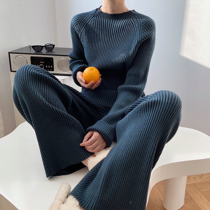 Women's Knitted Sweater Co-ords And Wide Leg Pants Two Piece Set_voghion.com