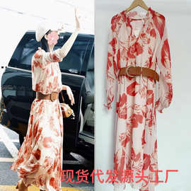 孙燕姿唐嫣同款法式桔梗超仙印花连衣裙夏季收腰度假仙女气质长裙