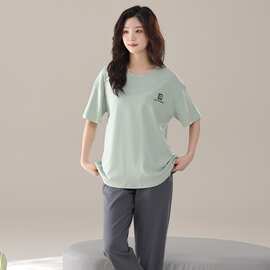 春夏季新款爽棉拉架女士短袖长裤套头睡衣运动休闲女家居服