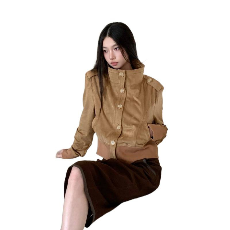 韩系美式古早经典”双色意大利麂皮质感显瘦短款夹克初秋外套上衣|undefined