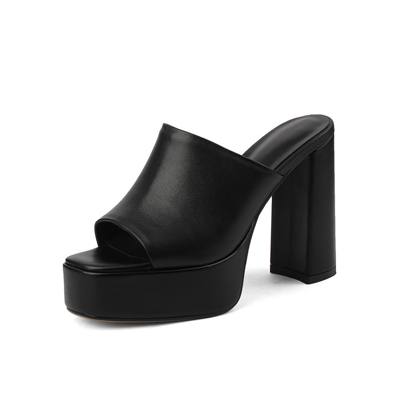 Sandal cao gót nữ hở mũi quai ngang gót vuông 11 cm — Màu đen