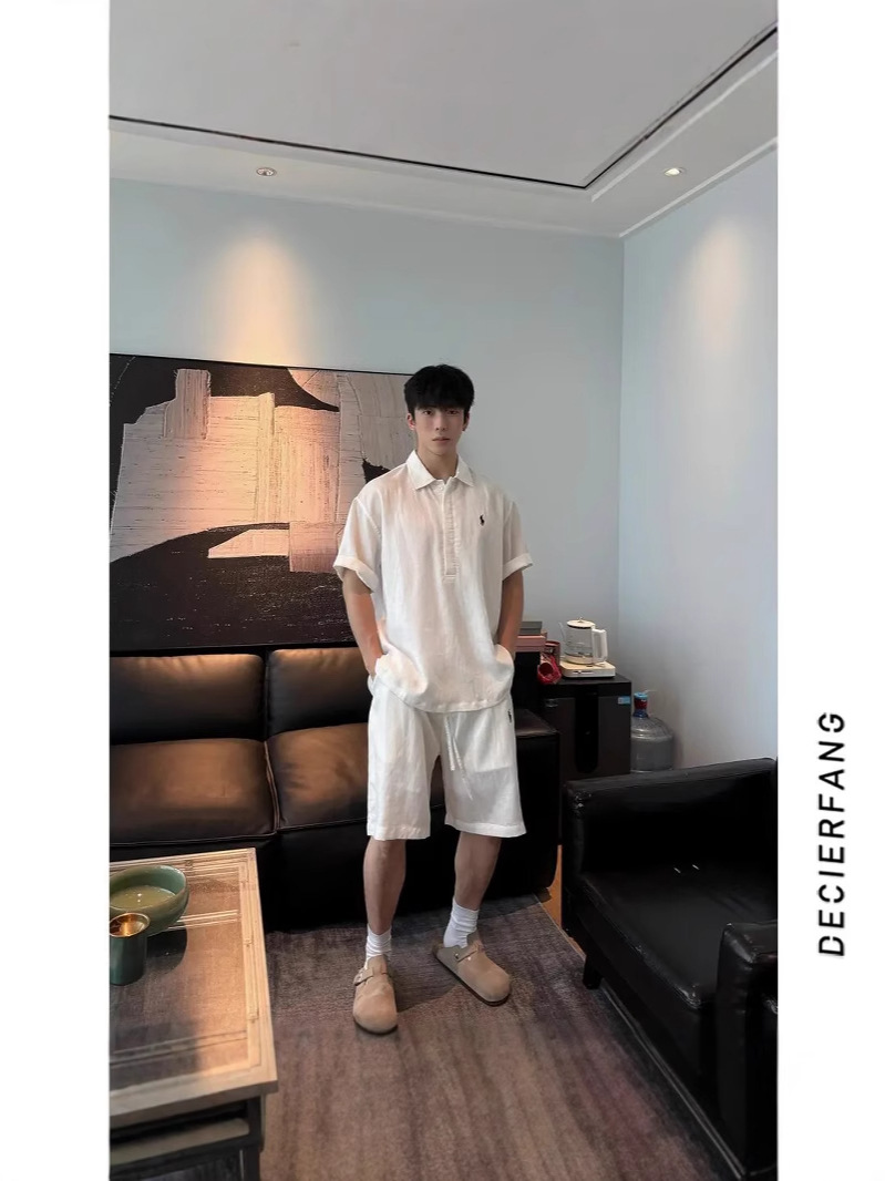 [Linen Suit] 25 Summer Old Money Style Small Label Minimalist Tencel Linen Polo Shirt Short Sleeve Shorts Suit for Men
