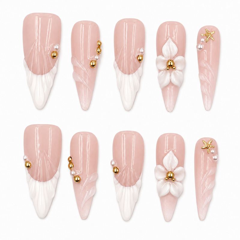 Handmade press-on nails in nude pink and milky white, long pointed shape with 3D floral pearls and starfish, 10-piece set, in stock for wholesale and can be shipped on behalf of customers Handmade press-on nails in nude pink and milky white, long pointed shape with 3D floral pearls and starfish, 10-piece set, in stock for wholesale and can be shipped on behalf of customers