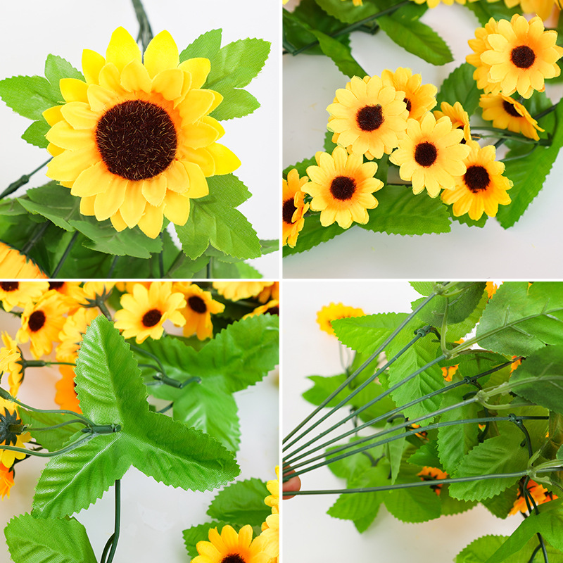 Simulation Sunflower Hanging Basket Wall Hanging Fake Flower Wicker Sunflower Plastic Indoor Living Room Hanger Wall Decoration Plant 