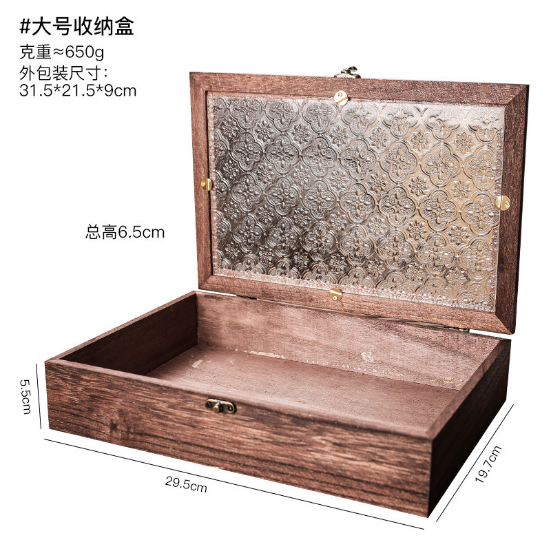 ヨーロッパのレトロな木製ベゴニアの花ガラス収納ボックス装飾品デスクトップ整理フリップ木箱化粧テーブル装飾ボックス|undefined