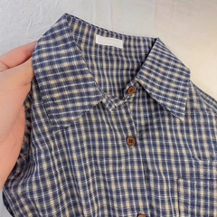 レトロな小衆の青い格子シャツの上着の婦人服の2024秋の新しいデザイン感のゆったりしたカジュアルな長袖のシャツ