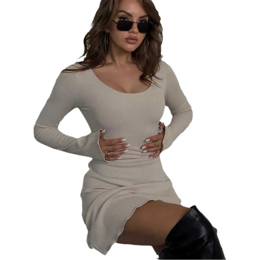 Comercio exterior de ropa de mujer al por mayor Amazon Otoño e Invierno Nueva moda de algodón puro de punto SLIM-Fit de manga larga de la cadera vestido de encaje