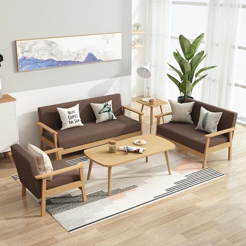MM sofá de madera maciza mesa de té conjunto de sala de estar pequeña sala de estar moderna simple tela silla de oficina de tres personas alquiler