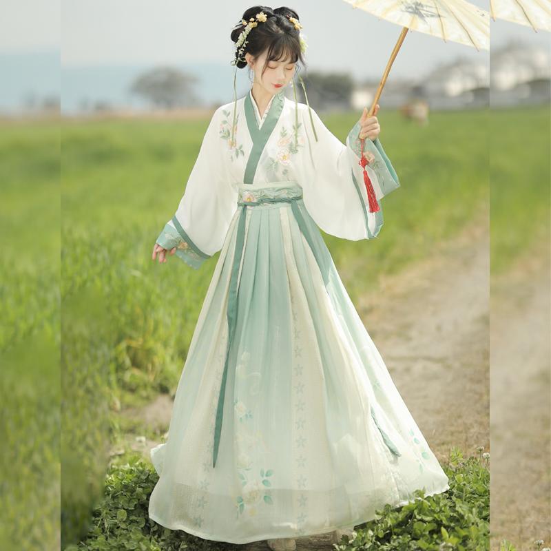 オリジナル本物の漢服女性晋古代スタイル漢服中国風刺繍クロスネック腰丈スカート毎日春、夏、秋|undefined