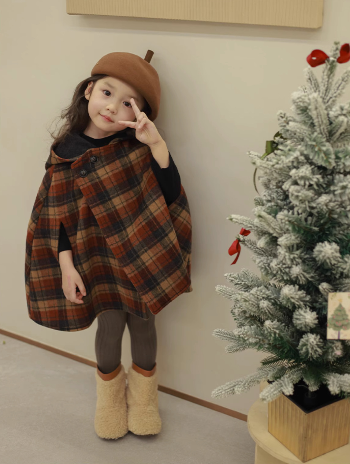 Kinderkleidung Mädchen Herbst und Winter neue Kinder spitzer Hut karierter Baumwollclip dicker Wollmantelumhang_voghion.com