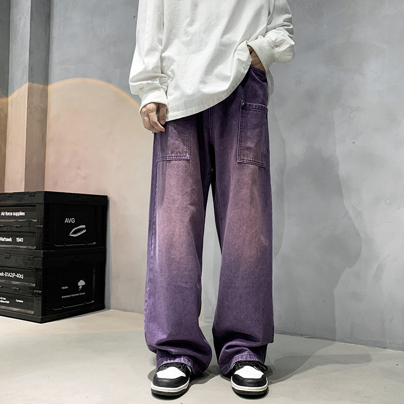 Jeans men's ins American high street purple niche design pants summer Ruan handsome loose wide leg mopping pants