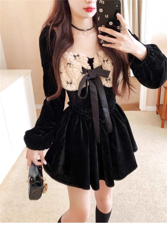 Silver spray Korean velvet 300g dress design slimming retro small black dress