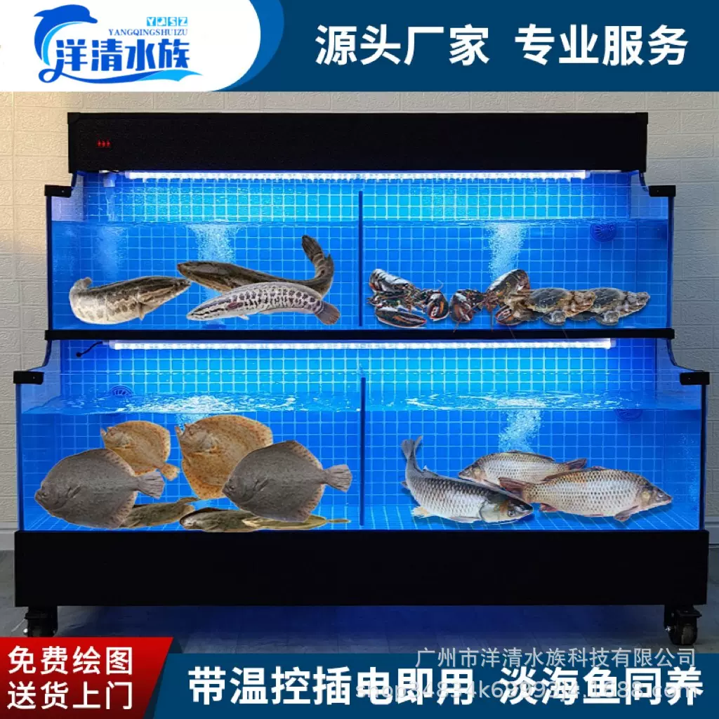 洋清水族 超市海鲜池定制 双层移动养鱼池安装质量保障海鲜缸