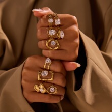 跨境欧美ins不规则设计感钛钢戒指不掉色镶嵌锆石镀18K金手饰批发