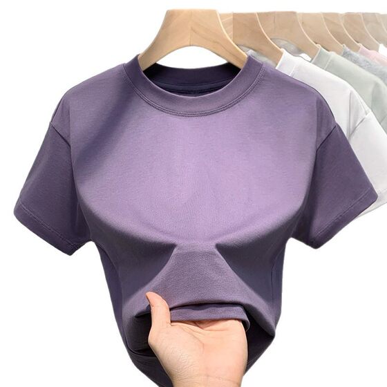 255g Heavy Cotton Shoulder T-Shirt Women's 2025 New Women's Crewneck Short Sleeve T-Shirt Slim American Top