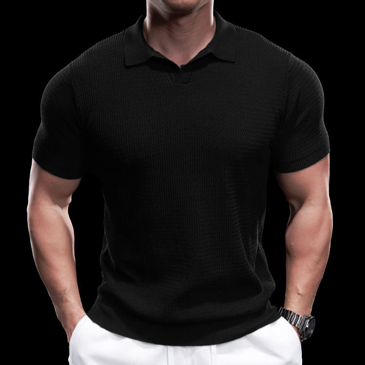 Nuevo negocio ligero viento maduro de verano botón de solapa casual en la moda delgada camiseta de punto hombre polo manga corta