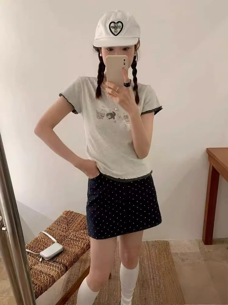 [210g 40 Count Pure Cotton] Cartoon Cat Lace Bow Short-Sleeved T-Shirt Women's New Summer Slim Top