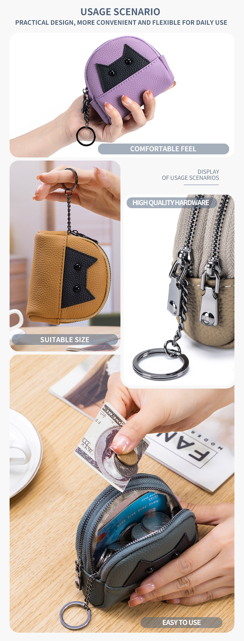 Bolsa de moedas dupla de couro multifuncional, mini bolsa de mão com animais, mais vendida_voghion.com