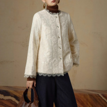 设计感领边拼接蕾丝棉衣棉服外套2025秋冬季复古气质精致西装棉袄