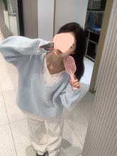 秋装搭配一整套慵懒风奶蓝色假两件v领针织衫休闲阔腿裤子两件套