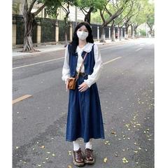 デニム馬甲春秋新作洋気減齢三点セット小清新子供襟長袖シャツ半身スカート