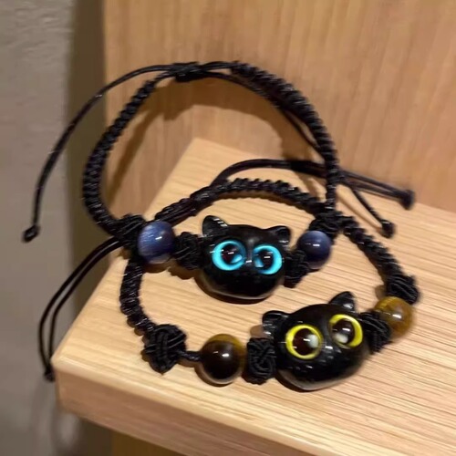 Sweet and cool little meow ins niche design black sandalwood kitten braided bracelet for couples to send best friends as gifts monster