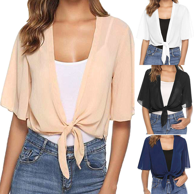 2023 New Women's Spring/Summer Chiffon Cardigan, Cross-Border Women's Solid Color Short-Sleeve Chiffon Shirt, Women's Casual Top 2023 New Women's Spring/Summer Chiffon Cardigan, Cross-Border Women's Solid Color Short-Sleeve Chiffon Shirt, Women's Casual Top