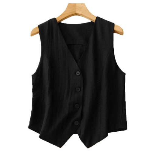 Summer outerwear vest women's pure color V-neck linen cardigan, elegant and slimming sleeveless cotton linen lapel top thin