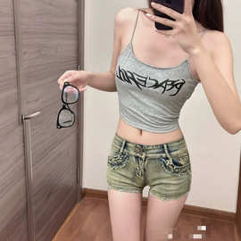 美式辣妹低腰牛仔超短裤女夏季修身包臀热裤复古浅色毛边直筒裤子