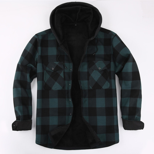 Hooded new foreign trade men's layered oversized warm plaid shirt autumn and winter fleece-lined thickened long-sleeved thermal top
