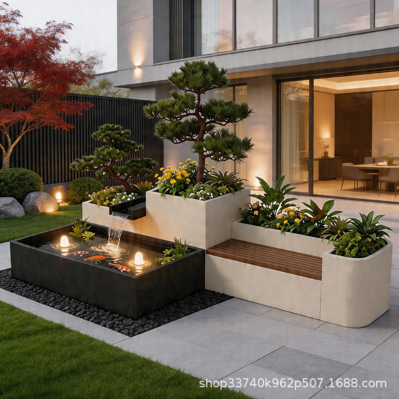 Aluminum Alloy Outdoor Courtyard Water Feature Flower Box with Water Flow and Bench Combination, Indoor Terrace Fountain Light, Cascading Waterfall Aluminum Alloy Outdoor Courtyard Water Feature Flower Box with Water Flow and Bench Combination, Indoor Terrace Fountain Light, Cascading Waterfall