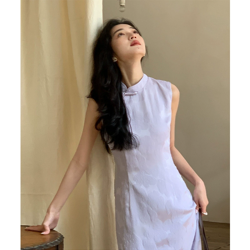 [Ziyuan] Новый китайский стиль элегантный, ароматный, фиолетовый, талия тонкая, французское маленькое ароматное платье с открытыми плечами, сексуальное платье cheongsam