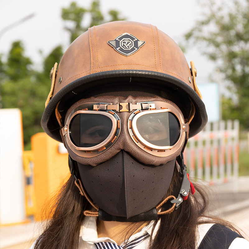 3C Alemania Segunda Guerra Mundial Casco de acero retro Casco de cuero Verano Retro Harley Medio casco Casco de motocicleta semi-cubierto Hombre
