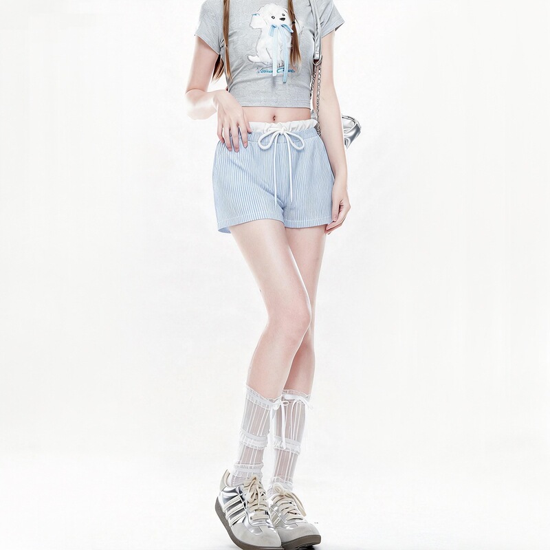 Spring and Summer American-Style Spicy Girl Striped Shorts for Women, Summer Sports Style with Drawstring Elastic Waist, Wide-Leg Casual A-Line Hot Pants