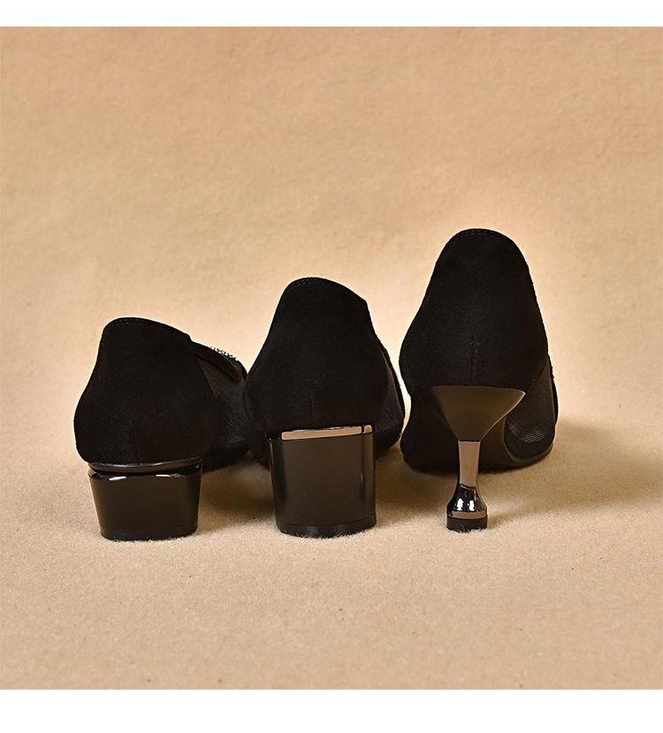 Giày sneaker nữ da lộn lưới thoáng khí đế bằng miệng nông — Gót thô màu đen (5 cm) chi tiết 11