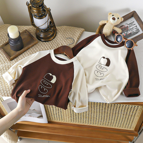 Le Chang Jia 2025 Spring Collection Boys' Letter-Sleeve Long-Sleeve Top and Girls' Cartoon Children's Round-Neck Long-Sleeve Top