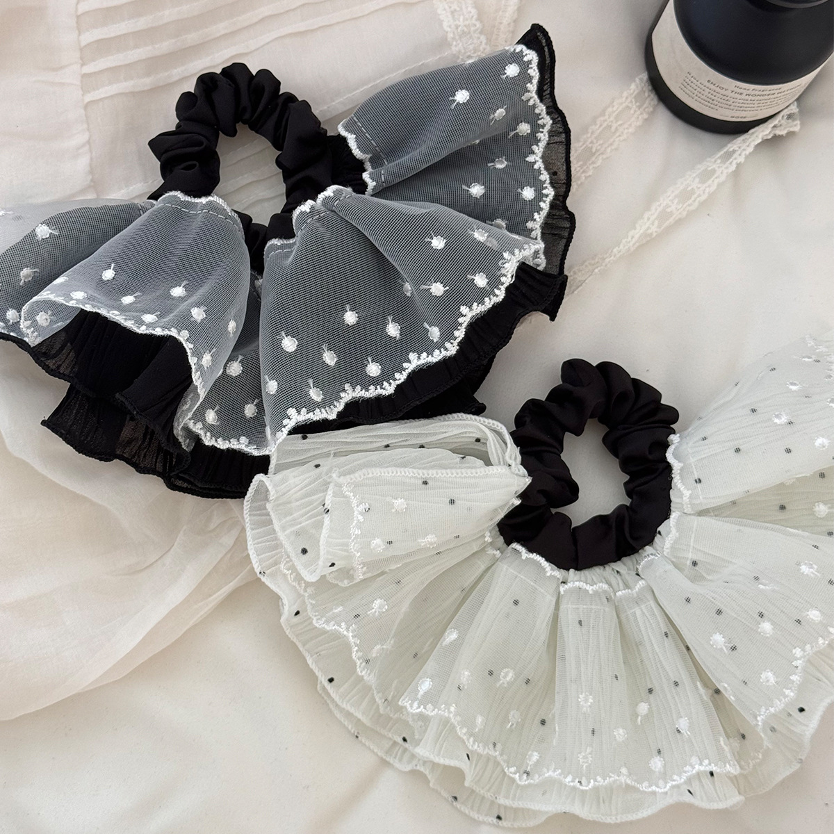 少女甜美波点蕾丝裙摆发圈韩国头绳超大网纱大肠圈轻奢时尚发绳女