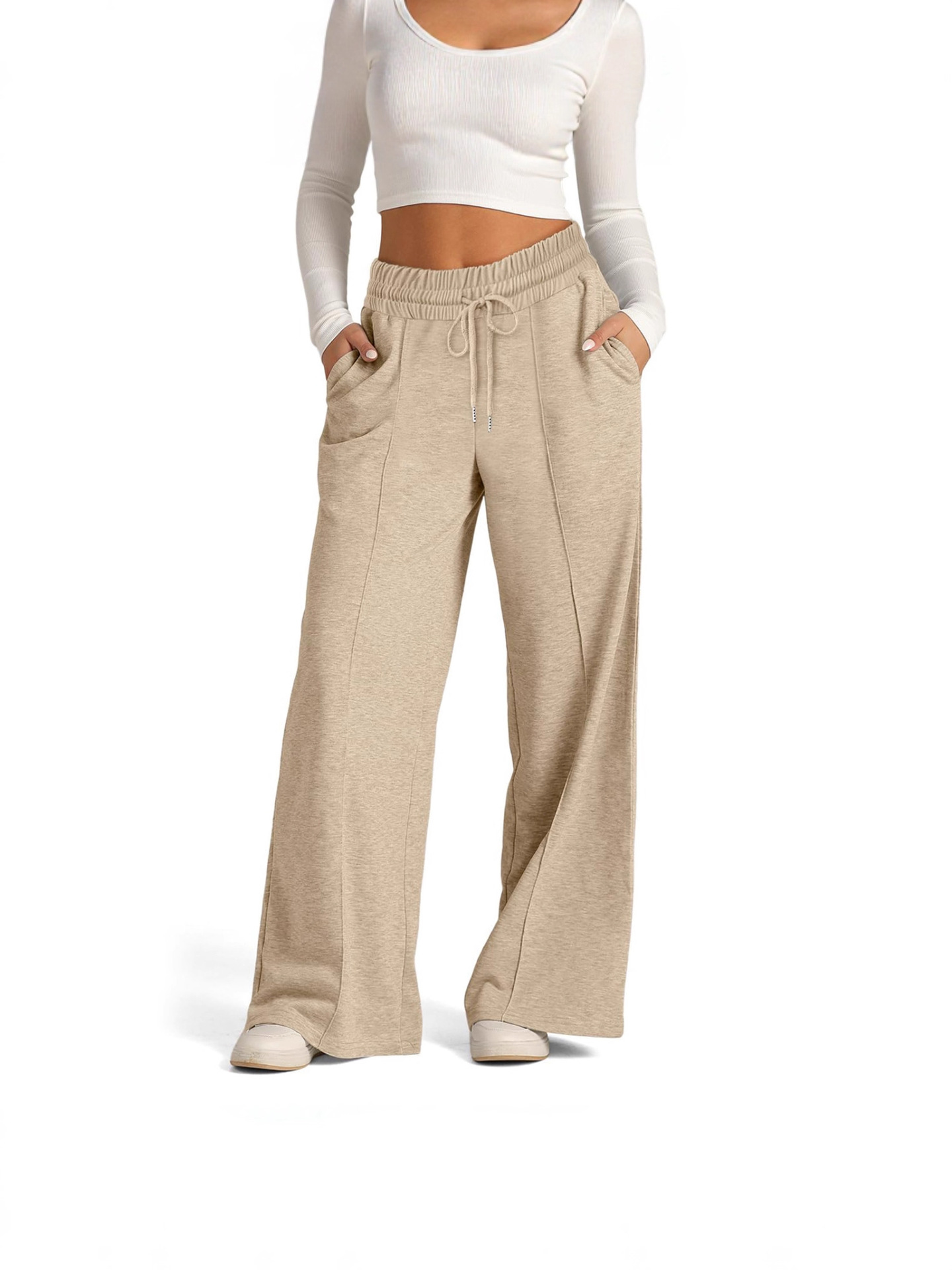 Pantalón Casual Ancho con Cordón de Poliéster Color Sólido para Uso Diario image 5