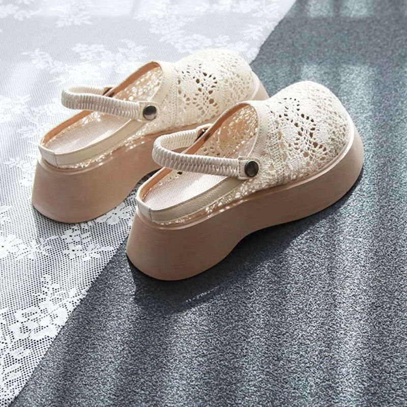 Height-increasing thick-soled half-closed sandals 2024 breathable summer new hollow mesh fisherman platform cotton-linen slippers
