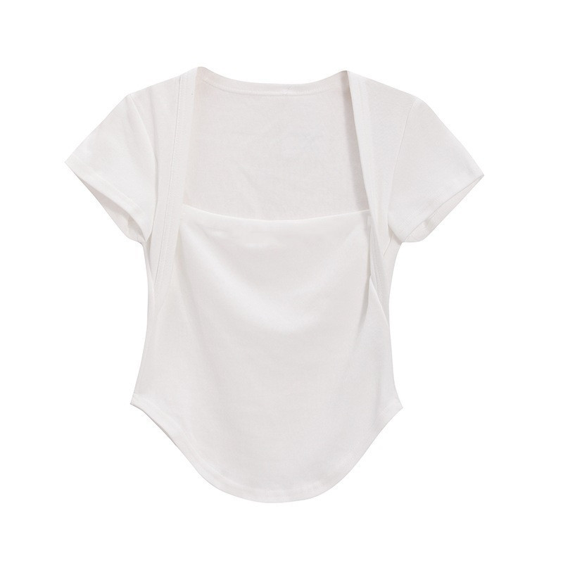 Camiseta blanca de manga corta con cuello cuadrado para mujer, nuevo estilo de verano 2026, top sexy de diseño ajustado, camiseta básica.