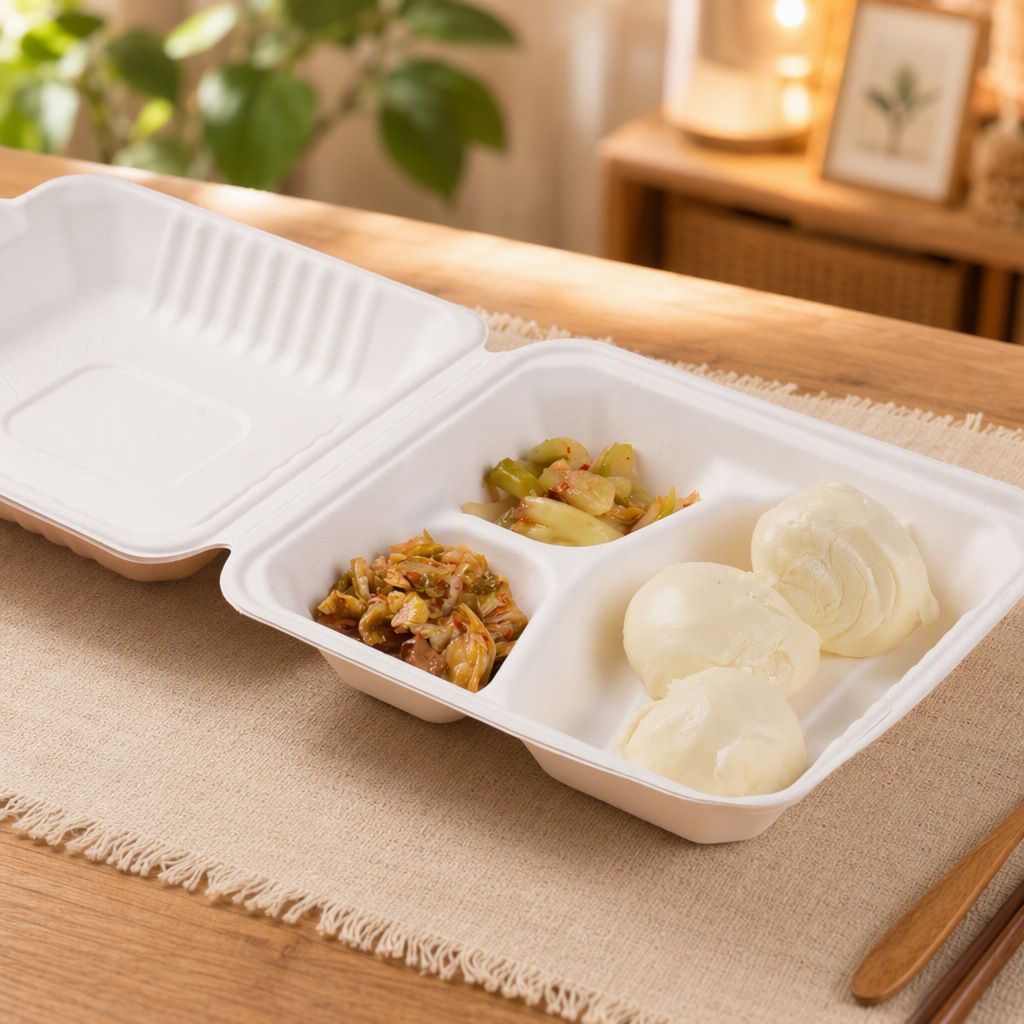 Caja desechable para llevar hecha de bagazo de caña de azúcar