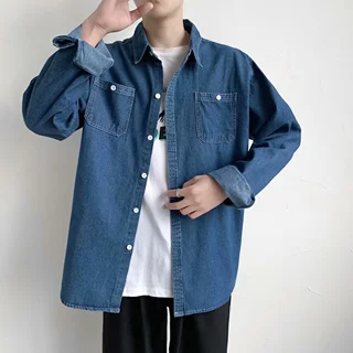牛仔衬衫男长袖韩版宽松日系复古工装大码休闲潮牌帅气薄外套翻领