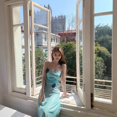 JMSHOP月桂神語ウエストストラップワンピース女性夏デザイン感ミディアム手作り花スカート