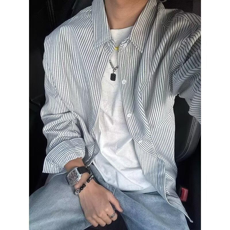 Retro Stripesd Long-Sleeved Shirt Men's Spring and Autum Preppy Style Sunny Clean Top High-End Handsome Shirt Jacket